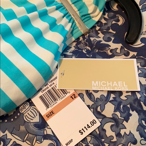 NWT Michael Kors Shoulder Blue Stripe Swimsuit - Picture 2 of 4